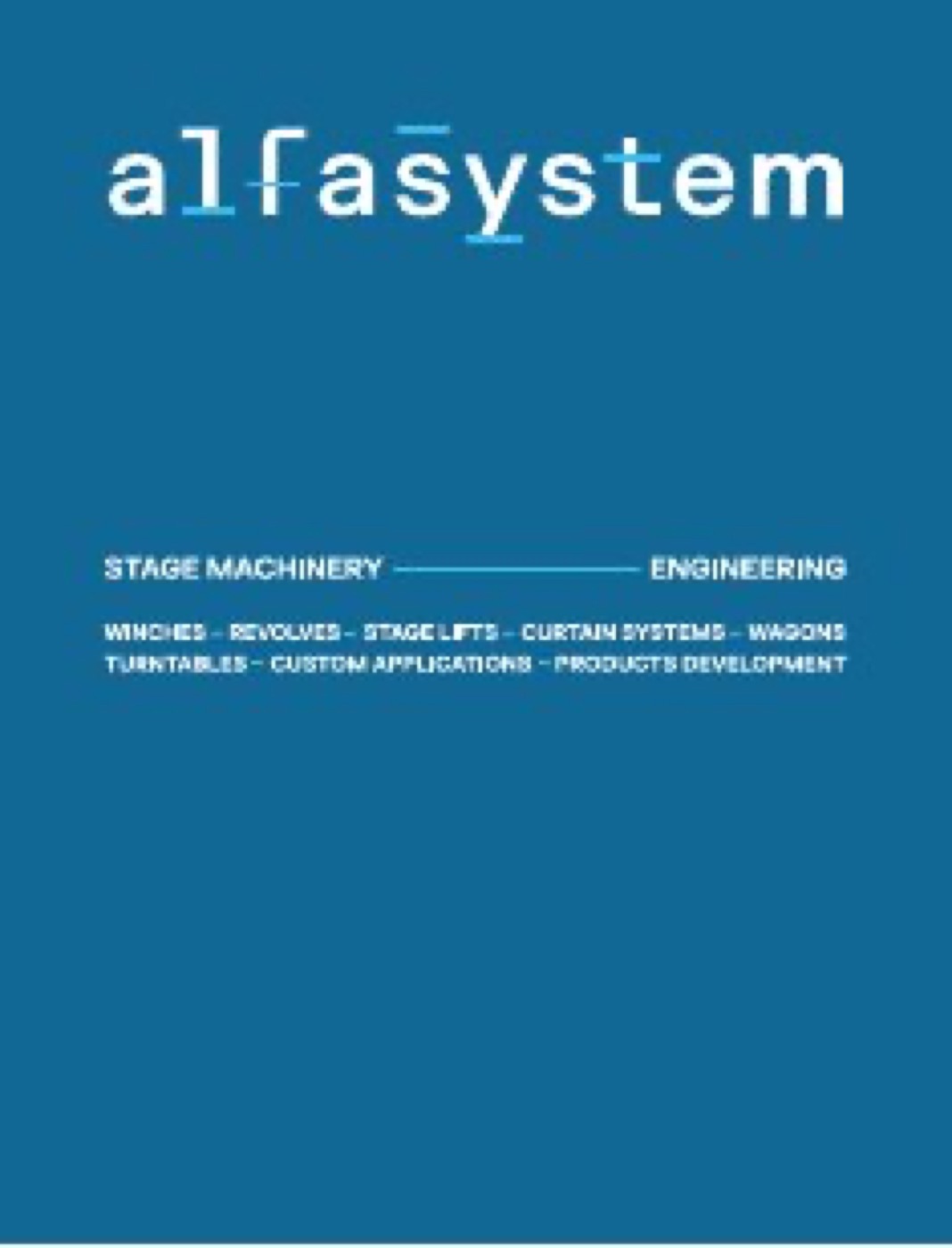 Stendardo verticale con il logotipo Alfasystem e l’elenco delle lavorazioni in inglese