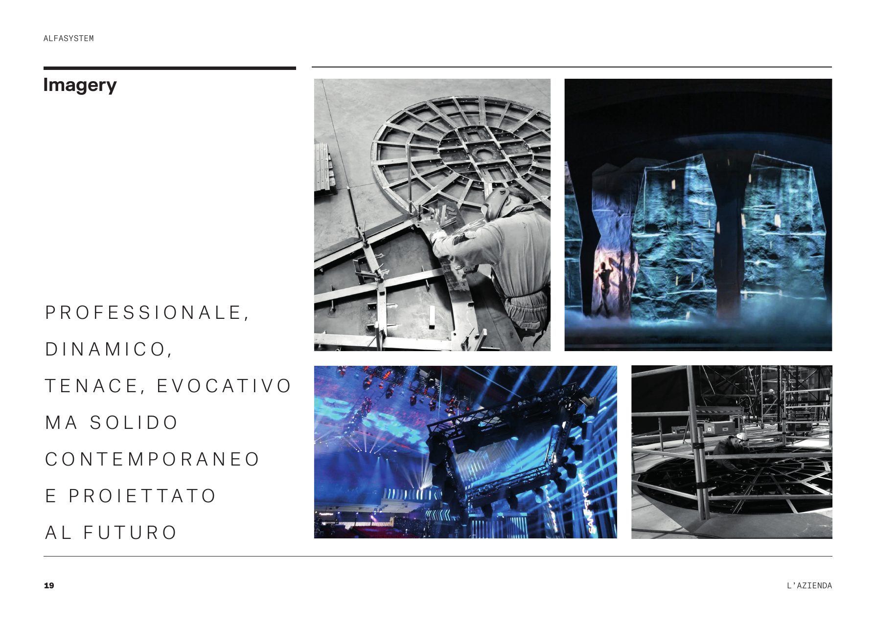 Pagina del brand book con l’immaginario di Alfasystem, fra palcoscenici e strutture