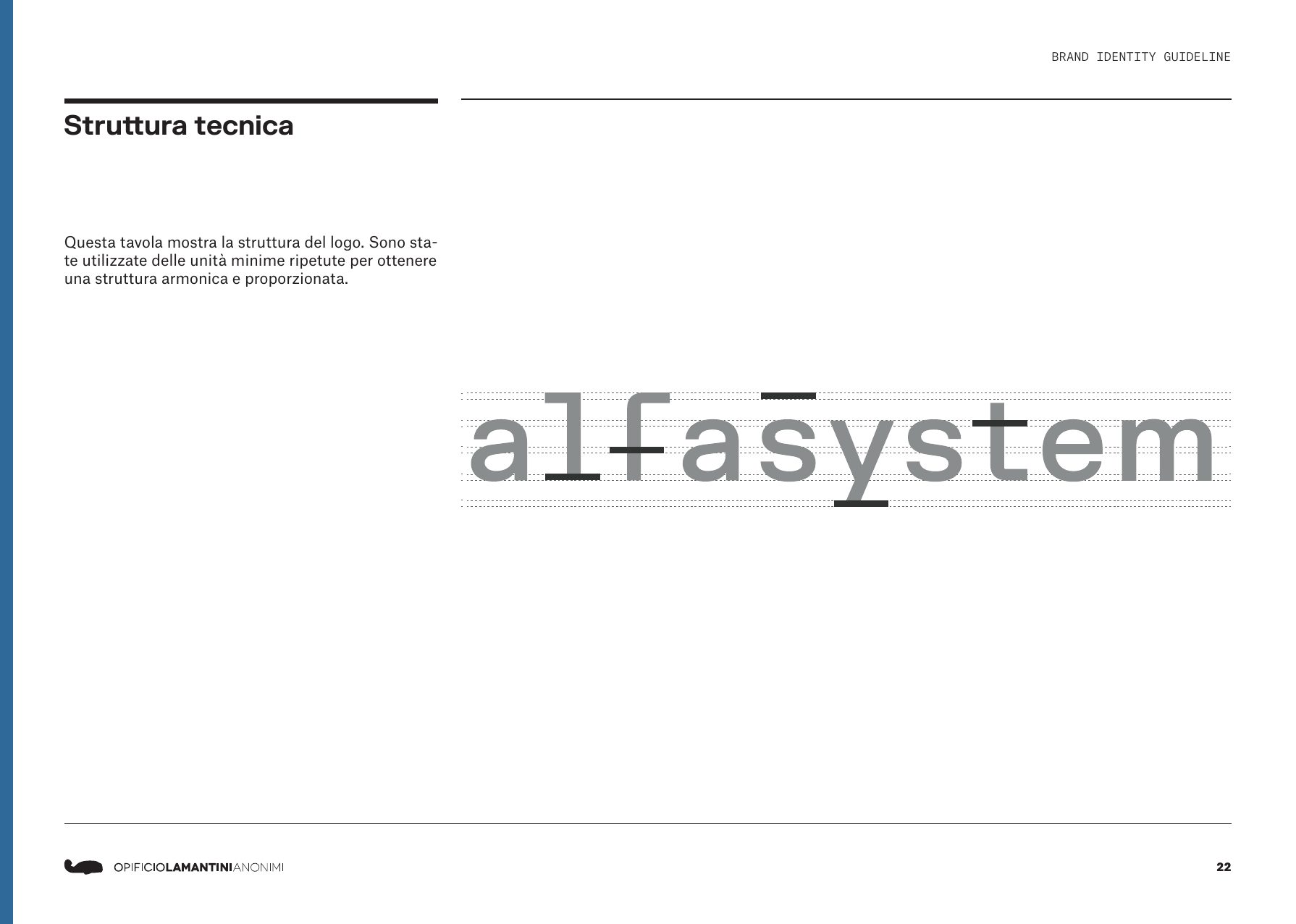 Brand book Alfasystem: la struttura tecnica del logotipo su unità minime ripetute