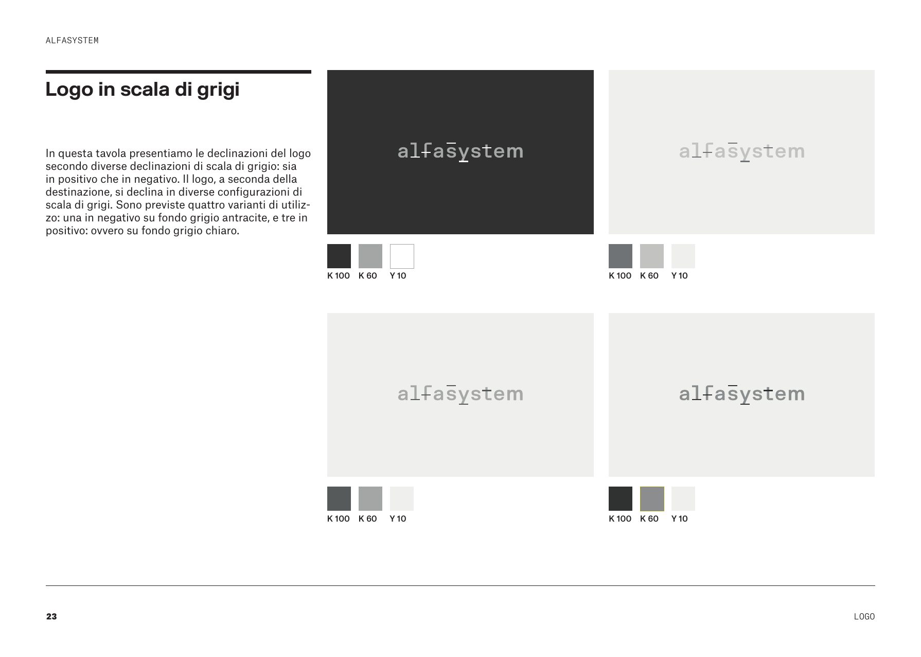 Brand book Alfasystem: logo in scala di grigi