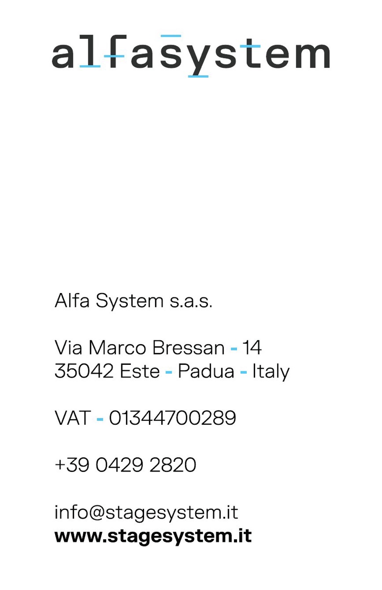 Retro del biglietto da visita Alfasystem con il logotipo e i recapiti dell’azienda