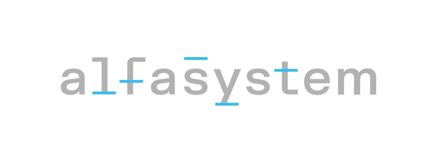 Il logotipo alfasystem nella versione chiara, con i segni in azzurro