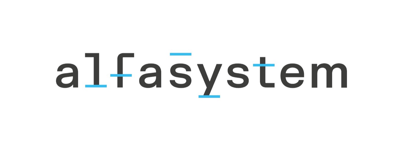 Il logotipo alfasystem disegnato da Opificio Lamantini Anonimi, con i cinque segni grafici