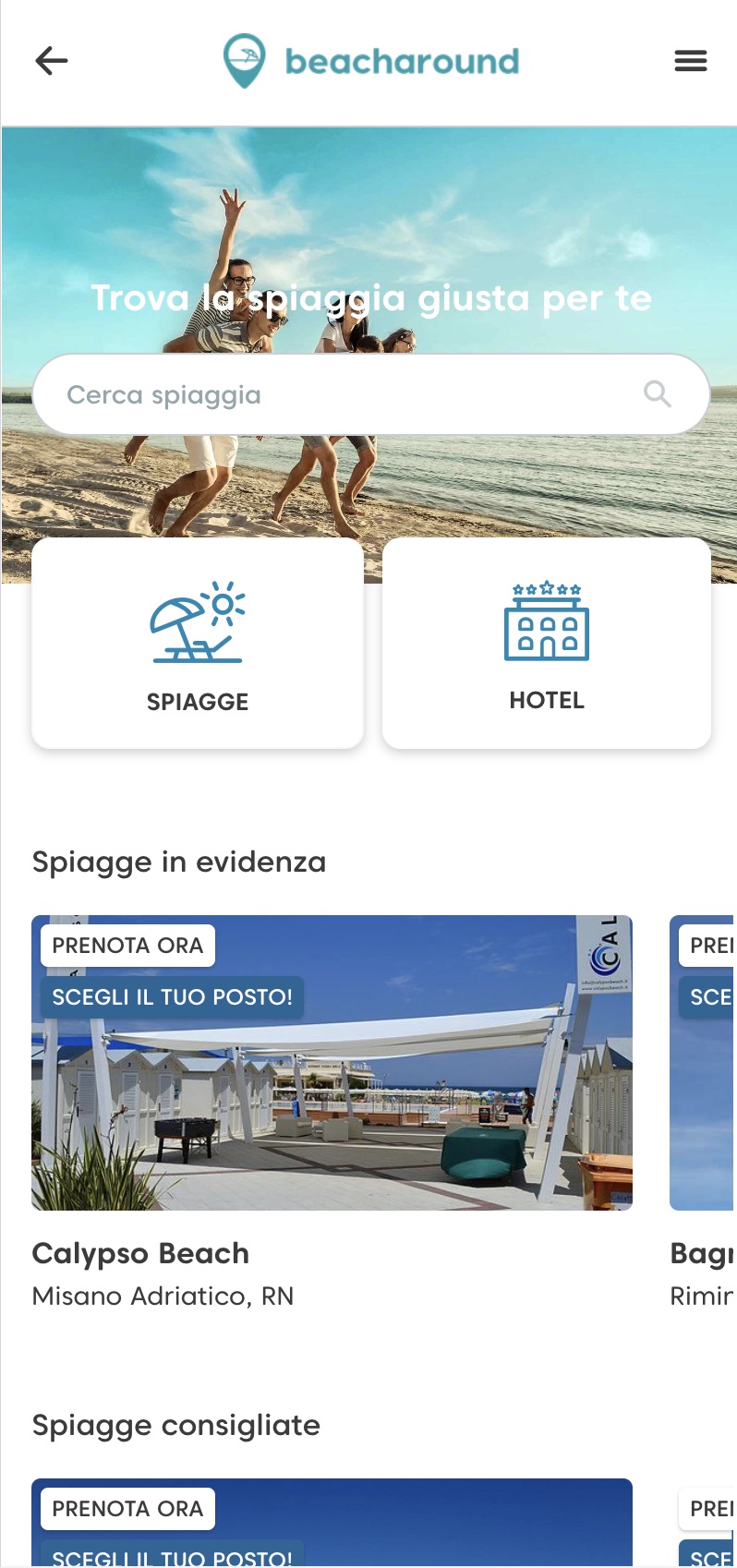 Portale Beacharound su smartphone: home con la ricerca e le spiagge in evidenza