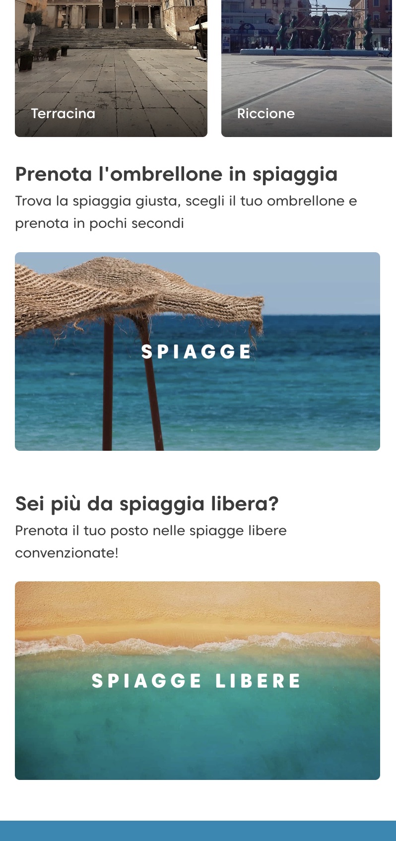 Portale Beacharound su smartphone: le categorie spiagge e spiagge libere