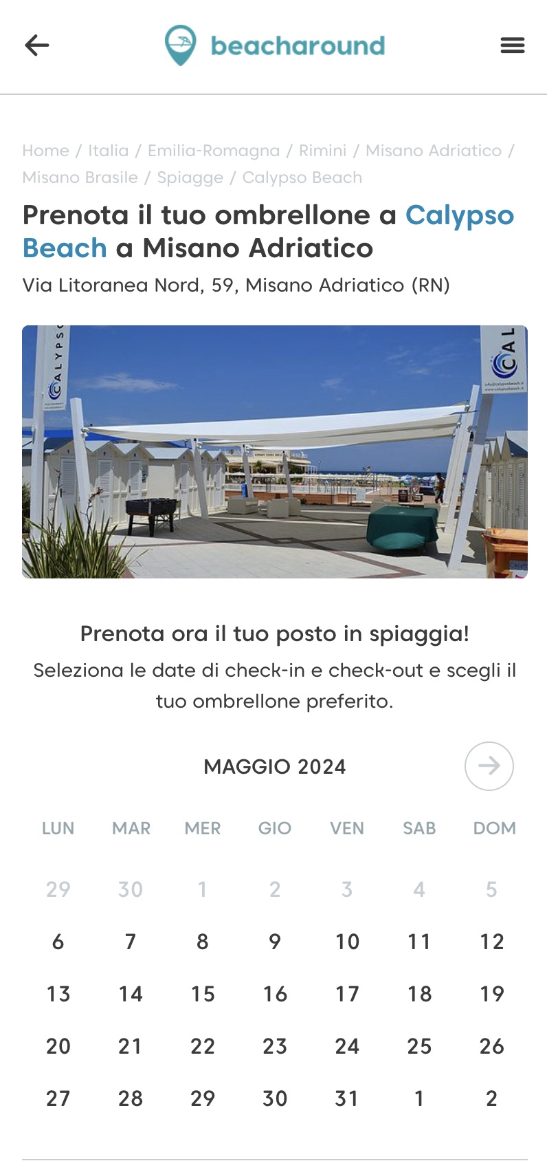 Portale Beacharound su smartphone: scheda di uno stabilimento con il calendario di maggio
