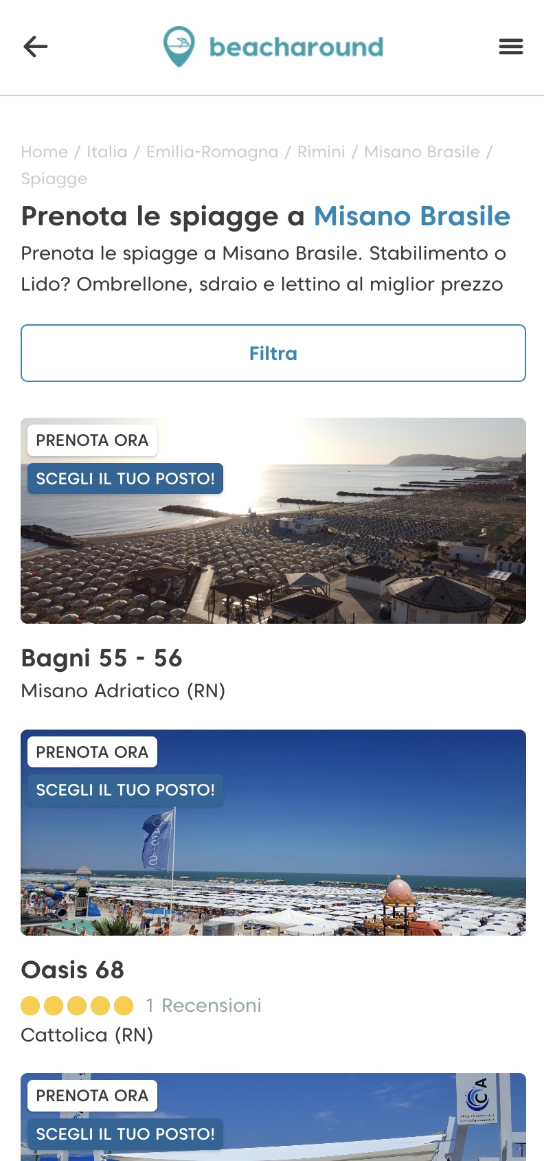 Portale Beacharound su smartphone: gli stabilimenti di Misano Brasile