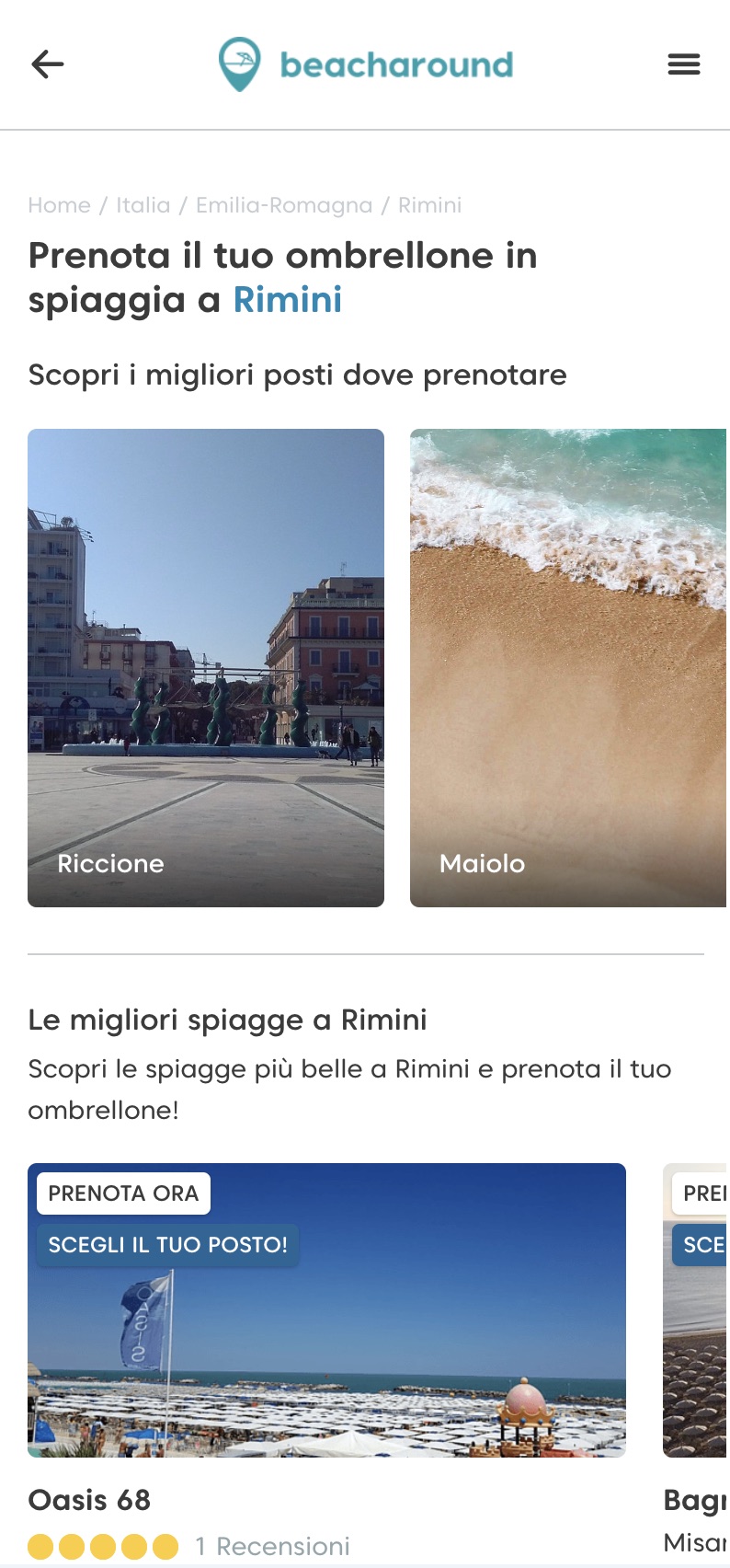 Portale Beacharound su smartphone: la pagina delle spiagge di Rimini
