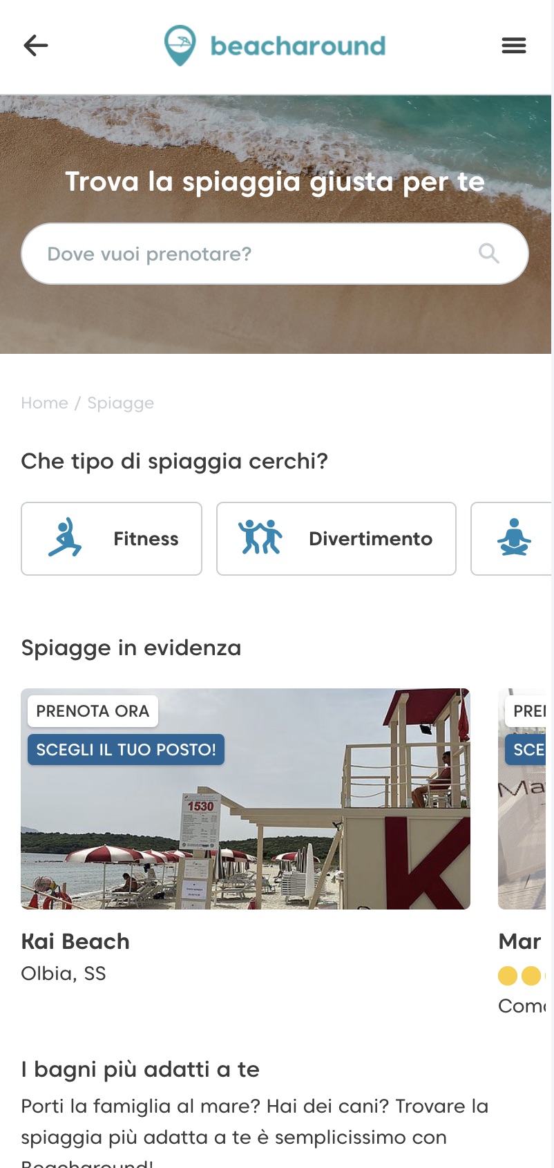 Portale Beacharound su smartphone: ricerca per tipo di spiaggia