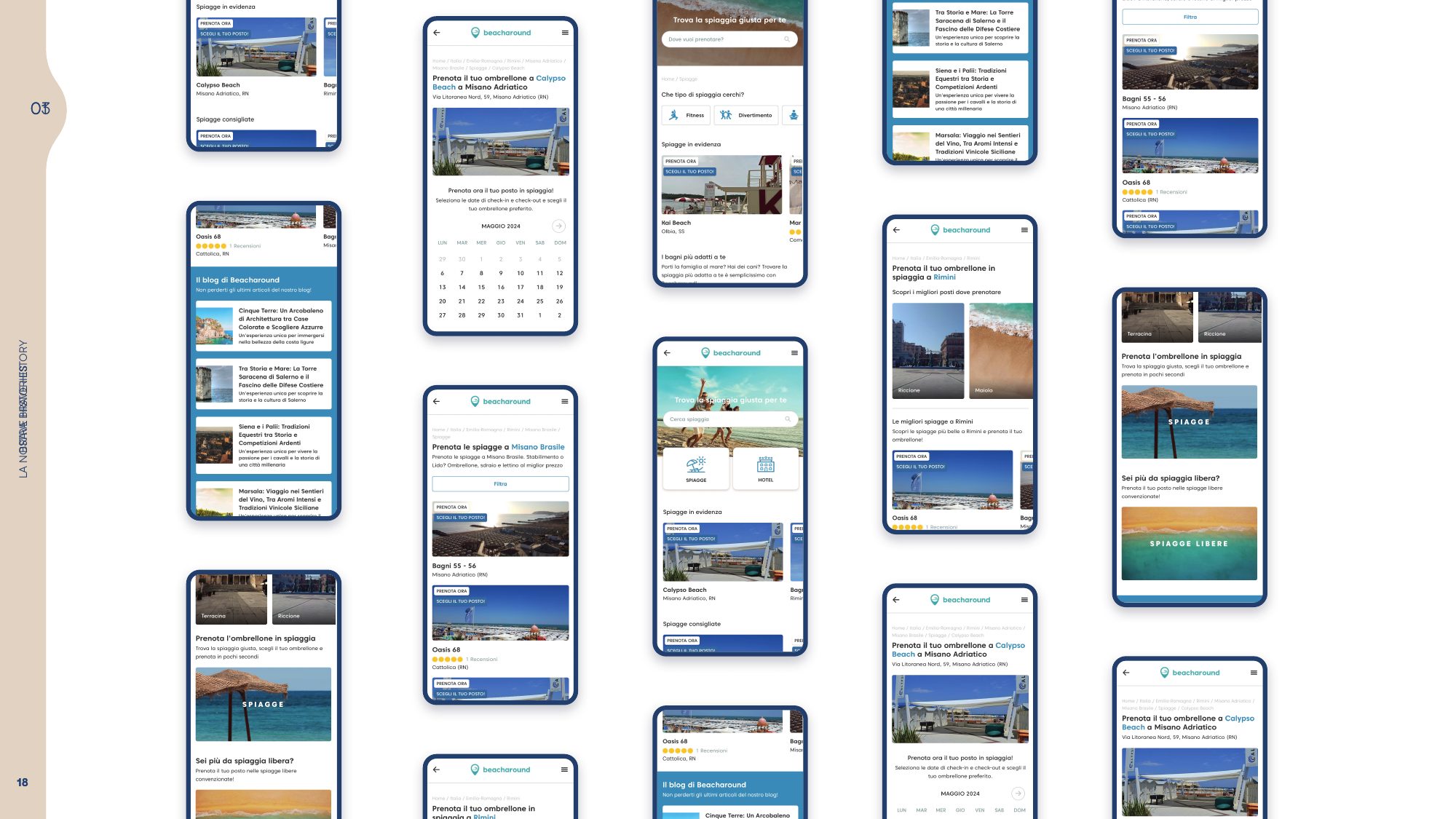 Le schermate del portale Beacharound su smartphone: ricerca, stabilimenti, calendario, prenotazione