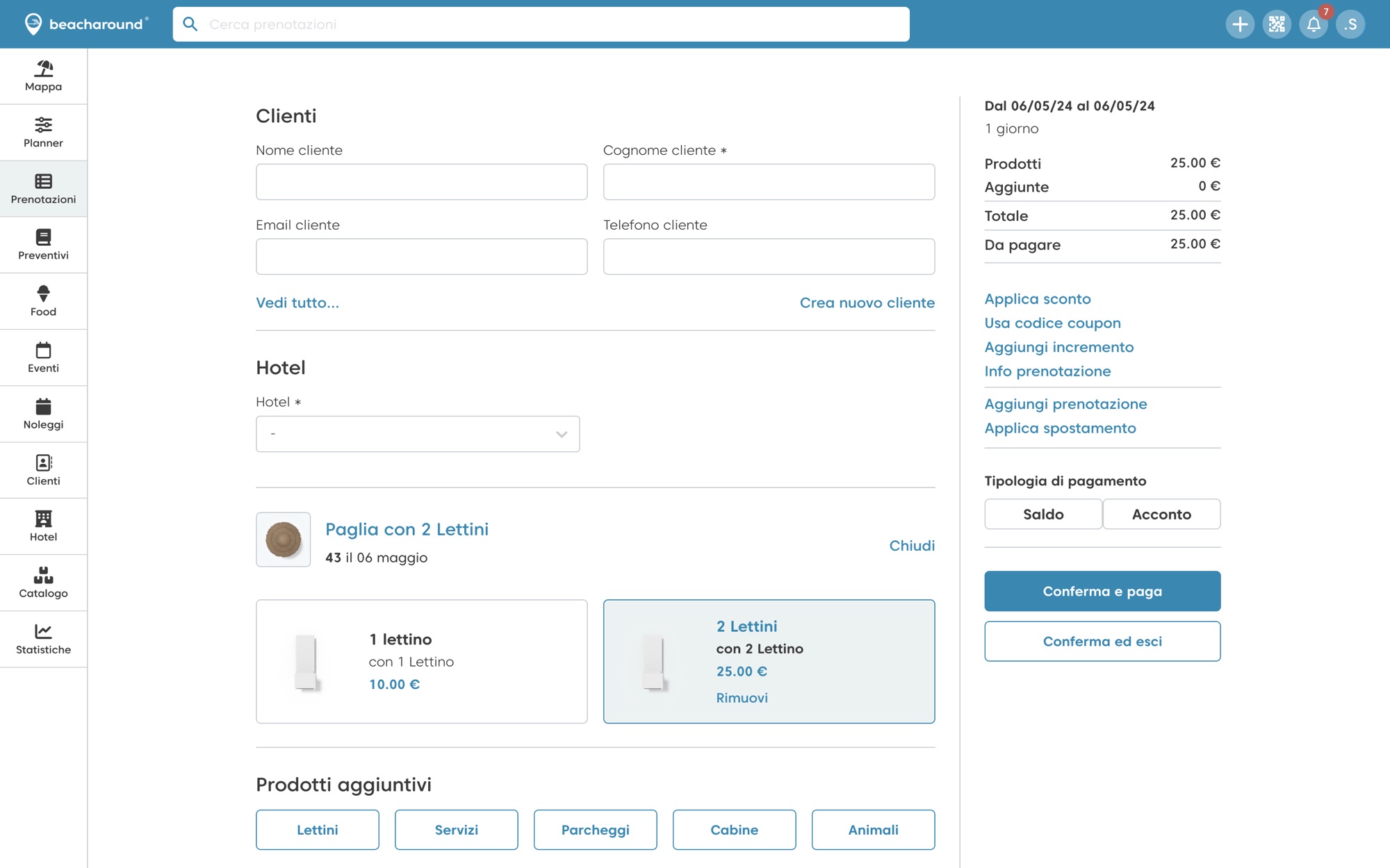 Nuova prenotazione nel gestionale: cliente, postazione con lettini, prodotti aggiuntivi e pagamento