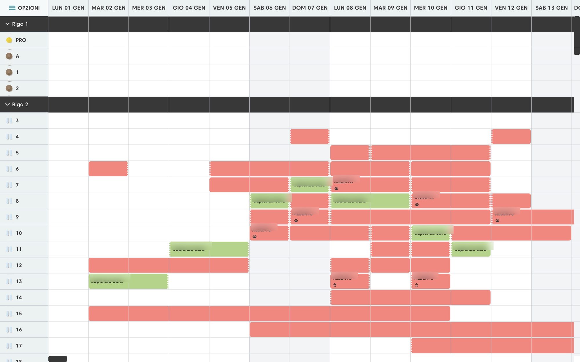 Il planner del gestionale: righe di ombrelloni e giorni del mese, con le prenotazioni colorate per stato