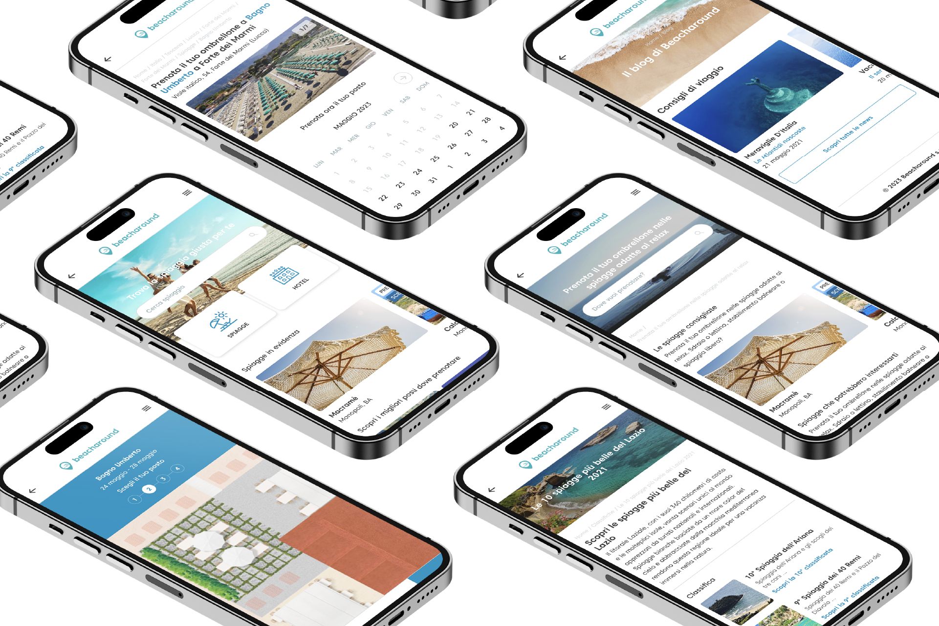 Le schermate del portale Beacharound su una griglia di smartphone