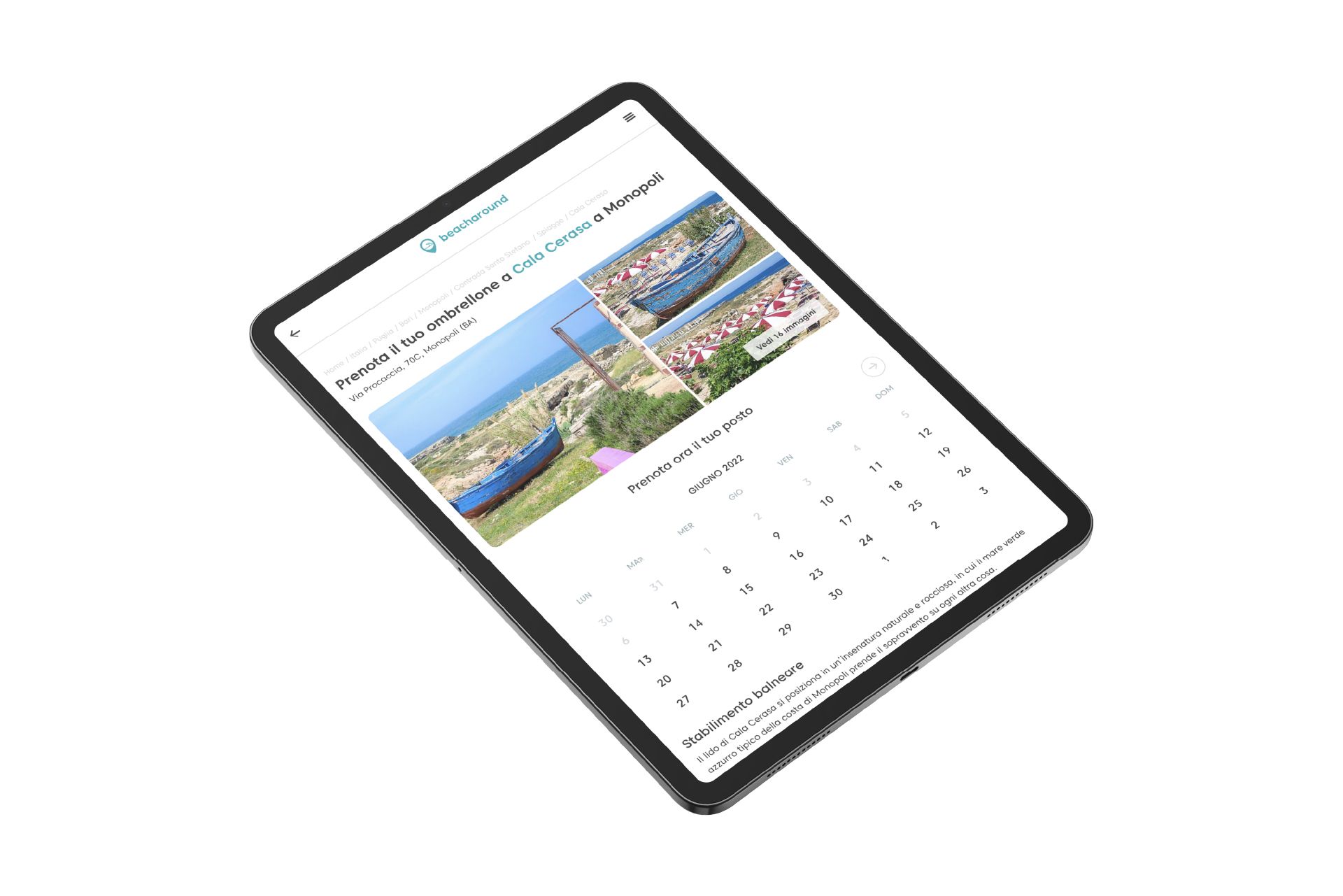 Scheda di uno stabilimento con il calendario delle date, su tablet