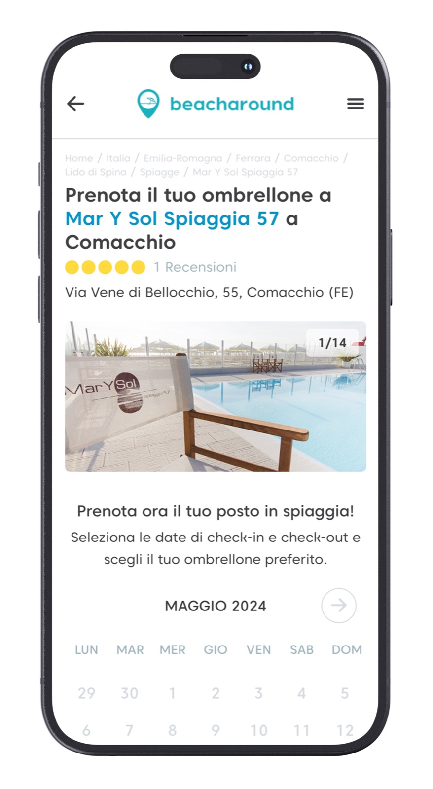 Scheda di uno stabilimento con il calendario per scegliere le date