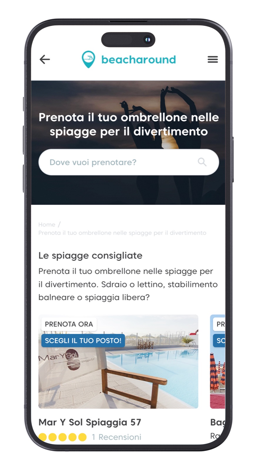 Pagina del portale per prenotare l’ombrellone in uno stabilimento