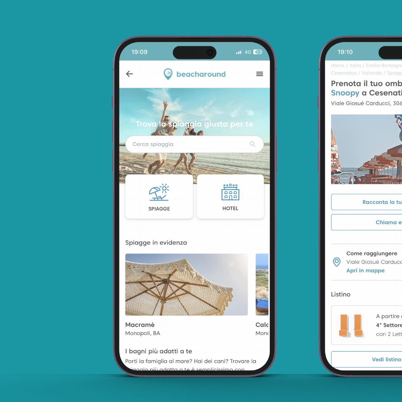 Post Beacharound: home e scheda stabilimento su smartphone