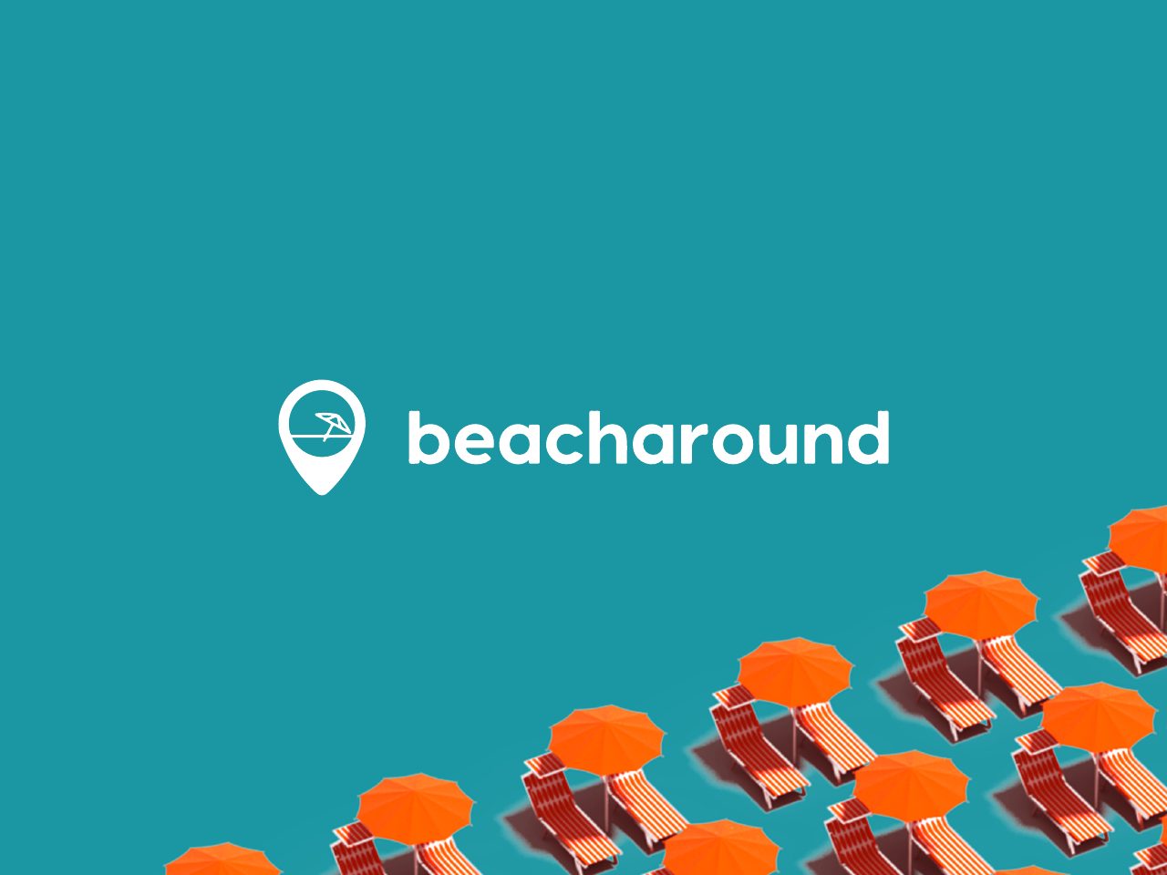 Il marchio Beacharound su fondo turchese con file di ombrelloni illustrati