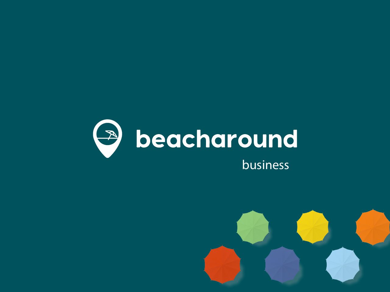 Il marchio Beacharound Business su fondo petrolio con ombrelloni colorati visti dall’alto