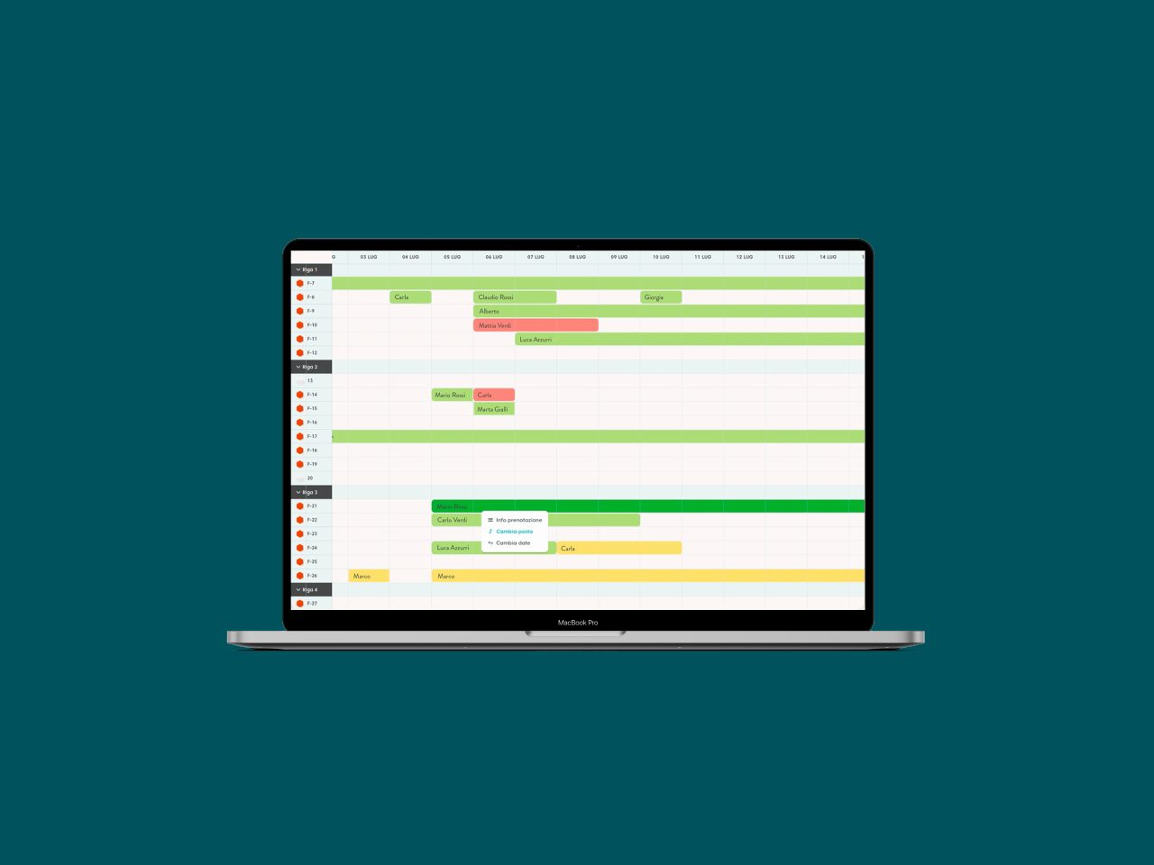 Il planner di Beacharound Business, con le prenotazioni per ombrellone e per giorno