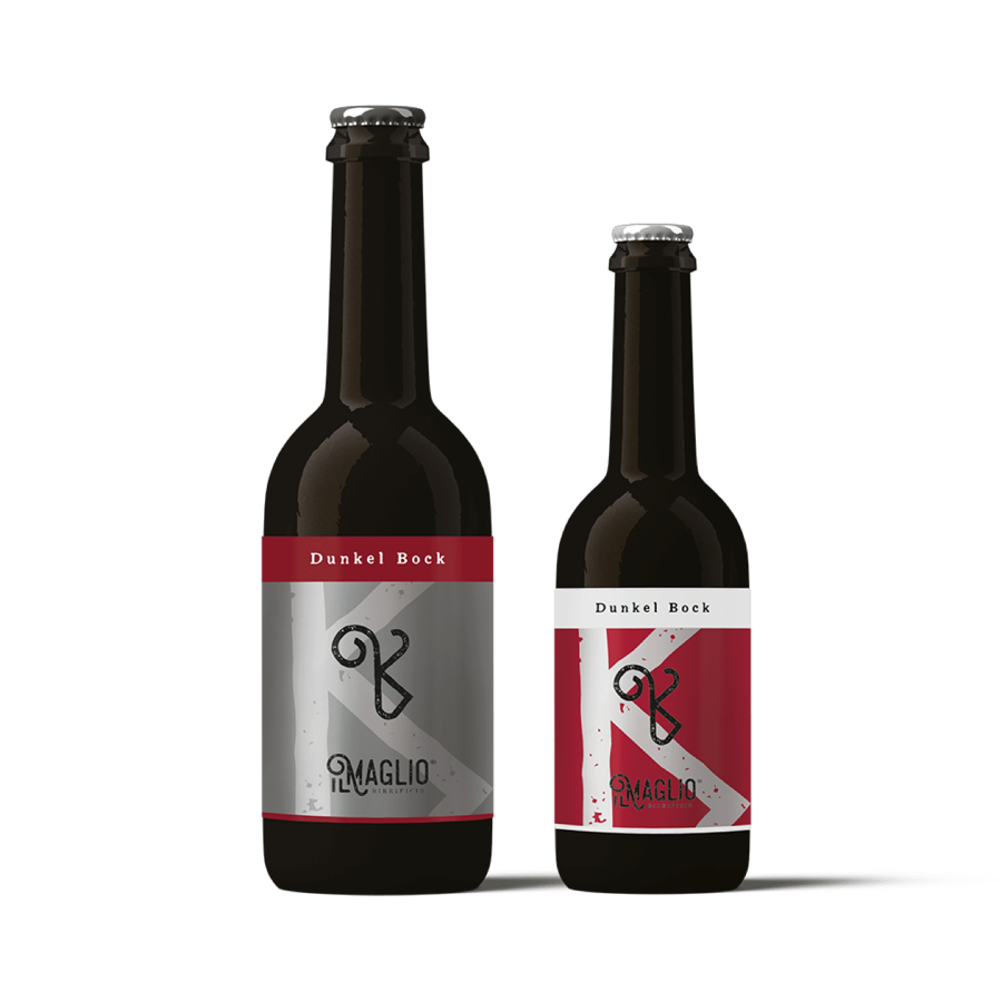 Dunkel Bock: bottiglie con etichetta argento e rosso scuro