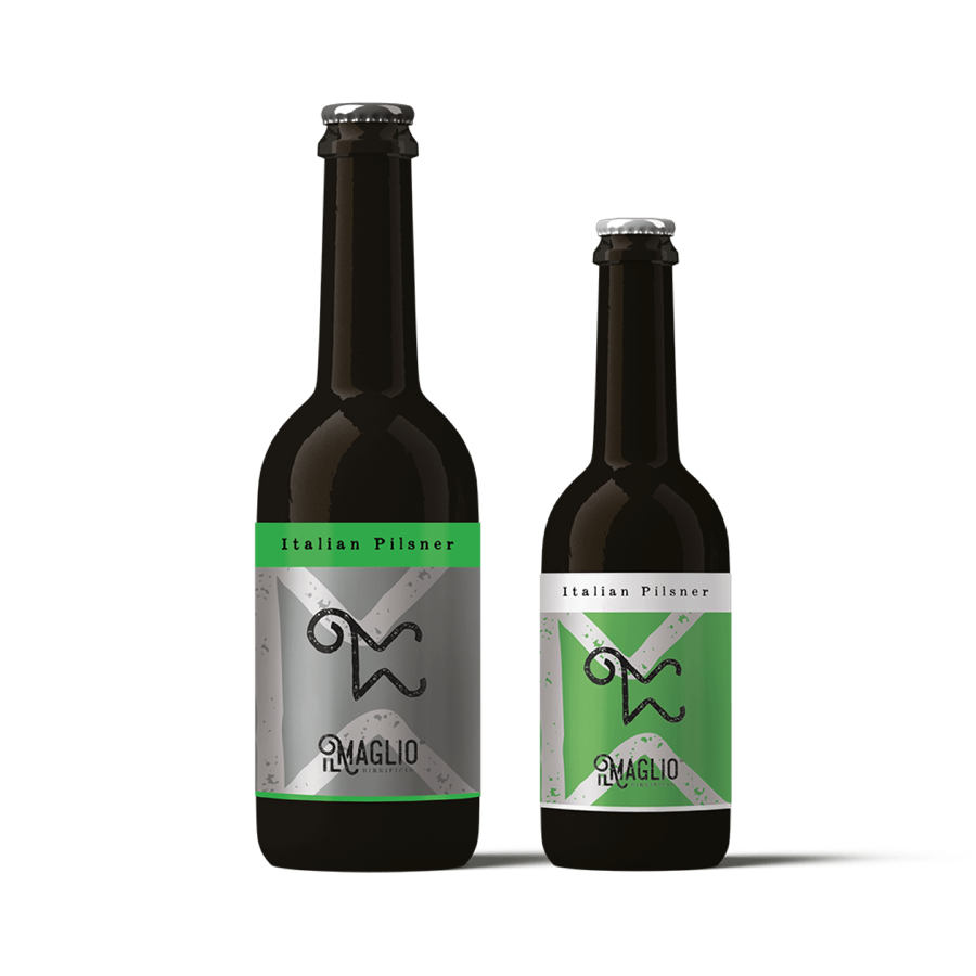 Italian Pilsner: bottiglia grande e piccola con etichetta argento e verde
