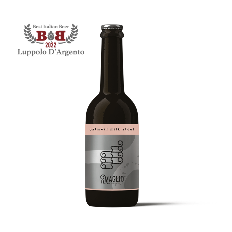 Oatmeal Milk Stout: bottiglia con etichetta argento e fascia rosa antico