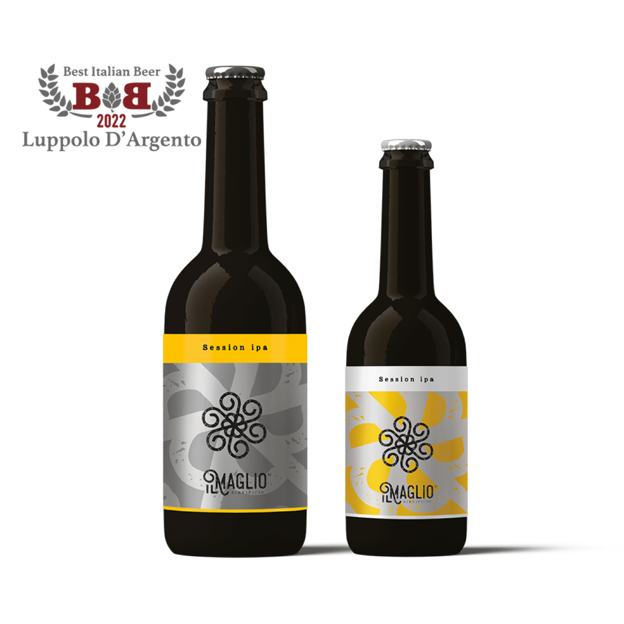 Session IPA: bottiglie con etichetta argento e gialla