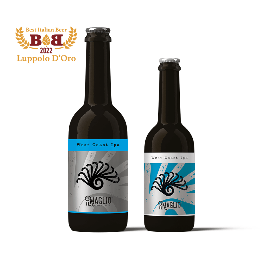 West Coast IPA: bottiglie con etichetta argento e blu