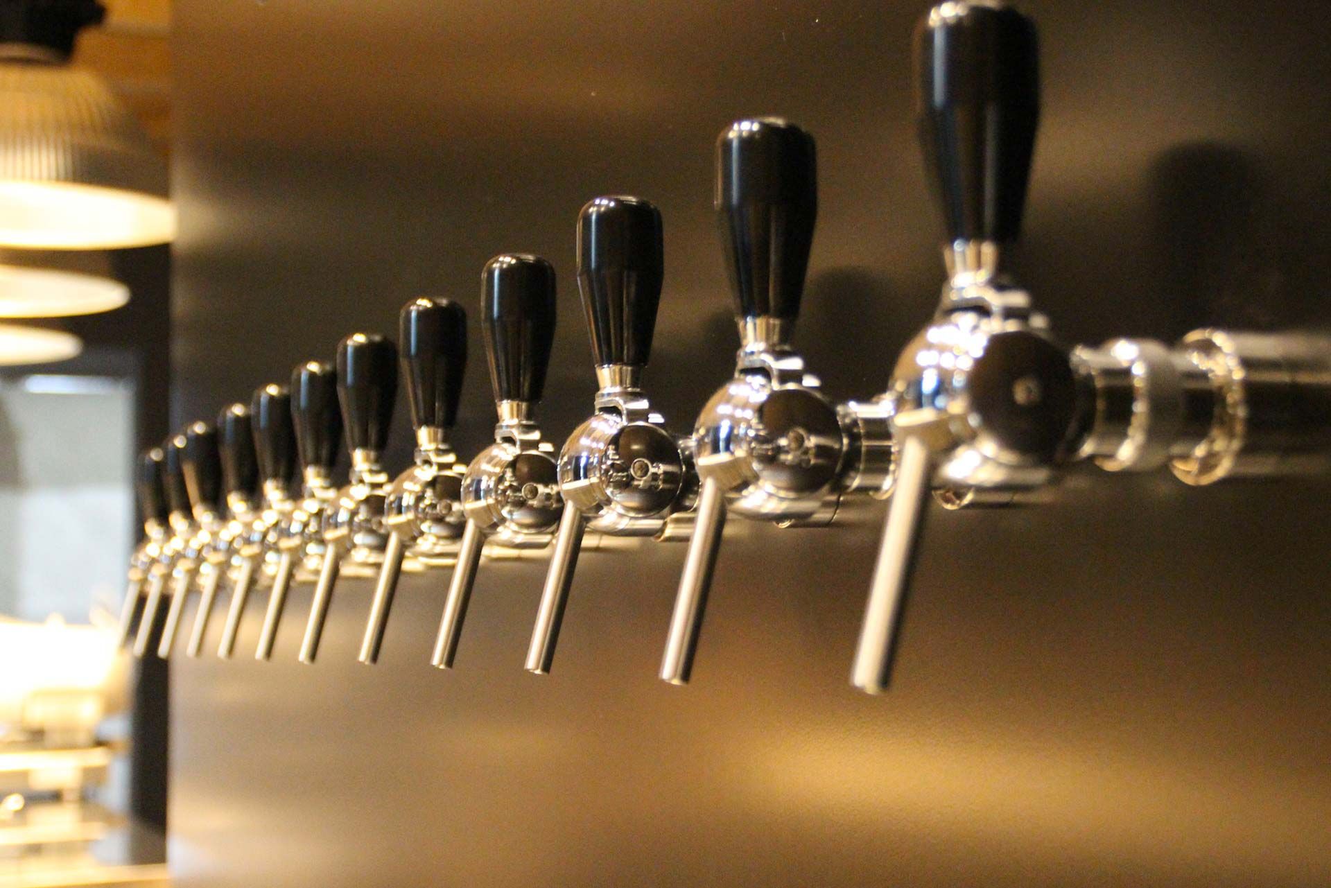 Le spine della taproom del Birrificio il Maglio, in fila sulla parete