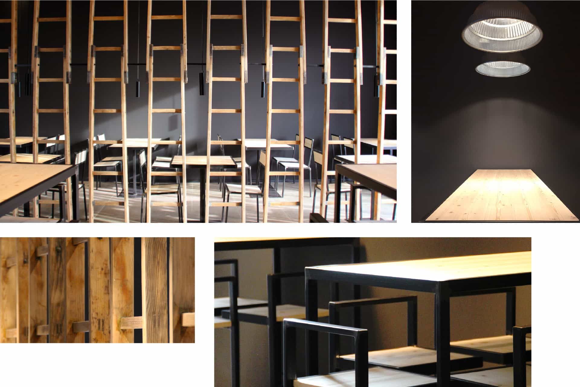 Tavola dei materiali della taproom: scale in legno, lampada, legno grezzo, tavolo in ferro
