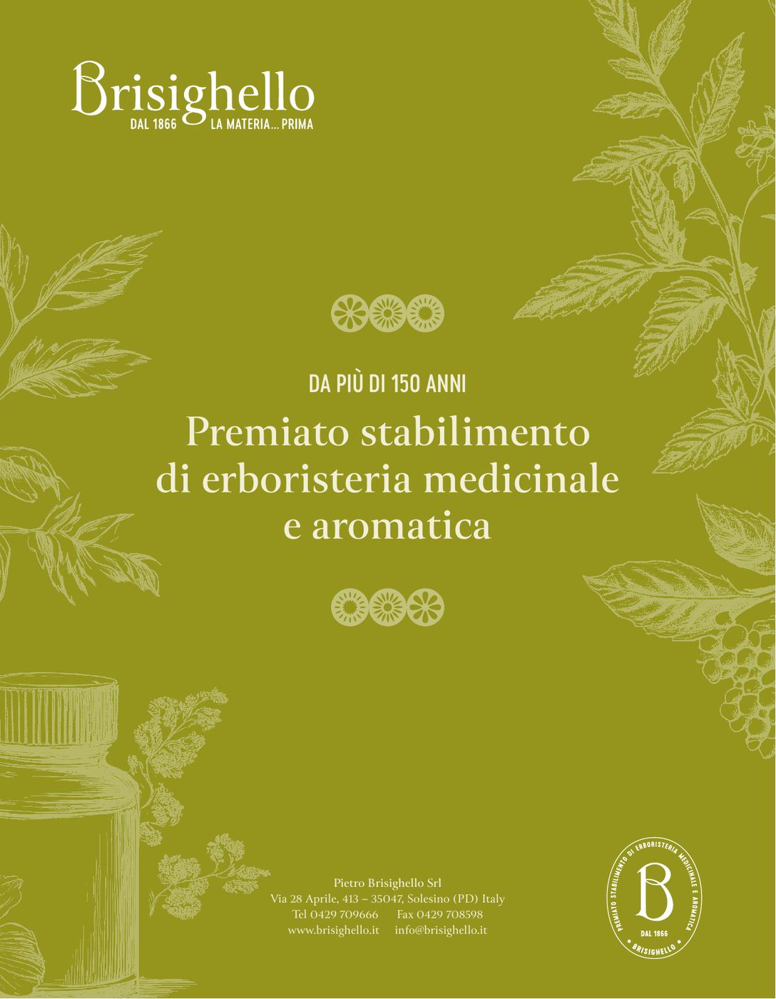 Pagina pubblicitaria Brisighello su fondo verde oliva, con il payoff storico e il sigillo