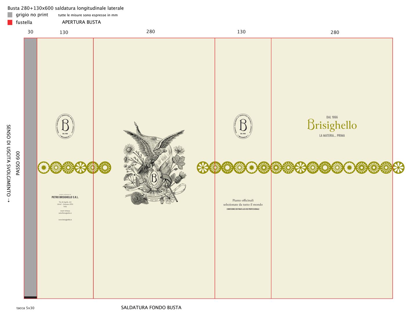 Tracciato del sacchetto Brisighello da 280 × 130 × 600 mm con l’illustrazione