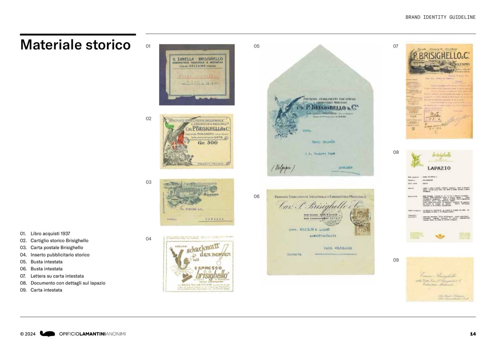 Pagina del brand book con carte intestate, buste, cartigli e documenti storici dell’azienda