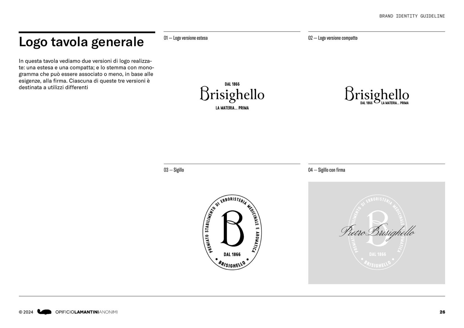 Pagina del brand book con la tavola generale dei loghi: versione estesa, compatta, sigillo e sigillo con firma
