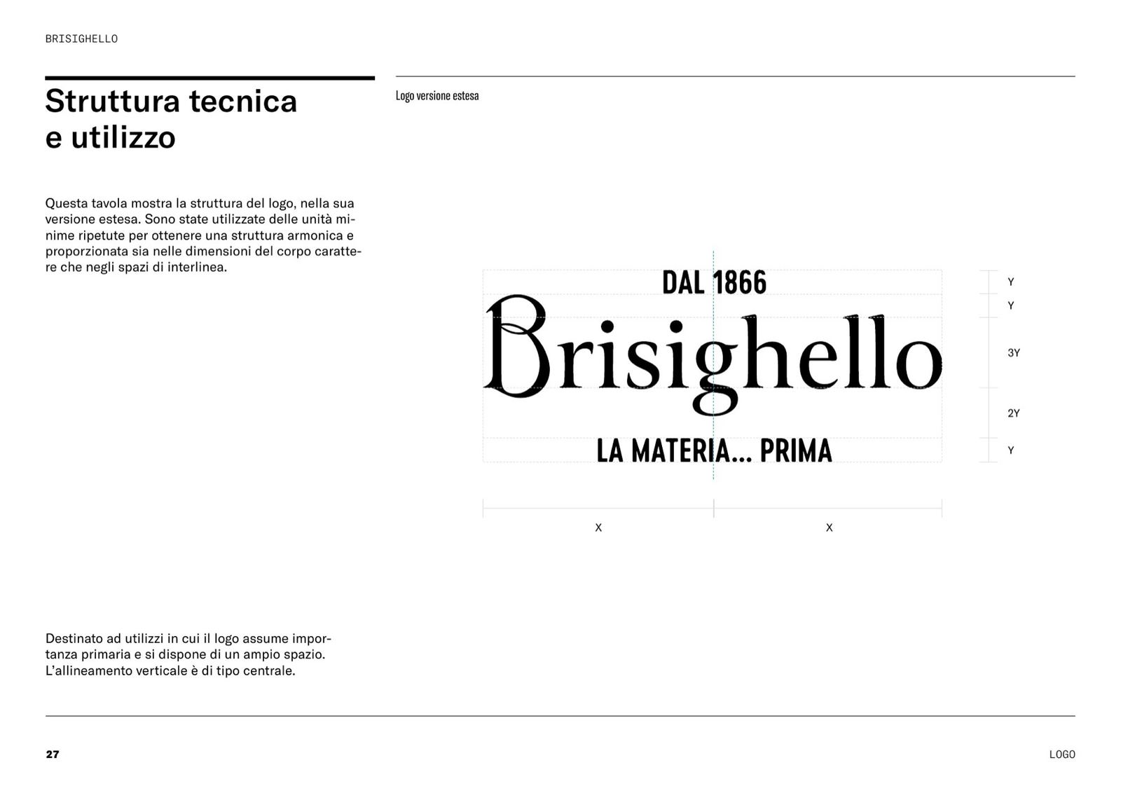 Pagina del brand book con la struttura tecnica del logo in versione estesa