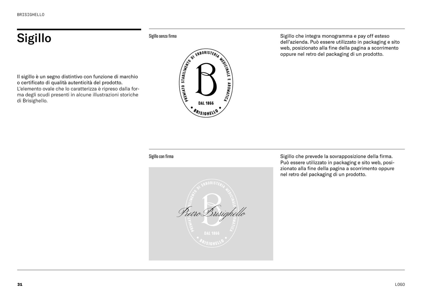 Pagina del brand book dedicata al sigillo, con e senza firma