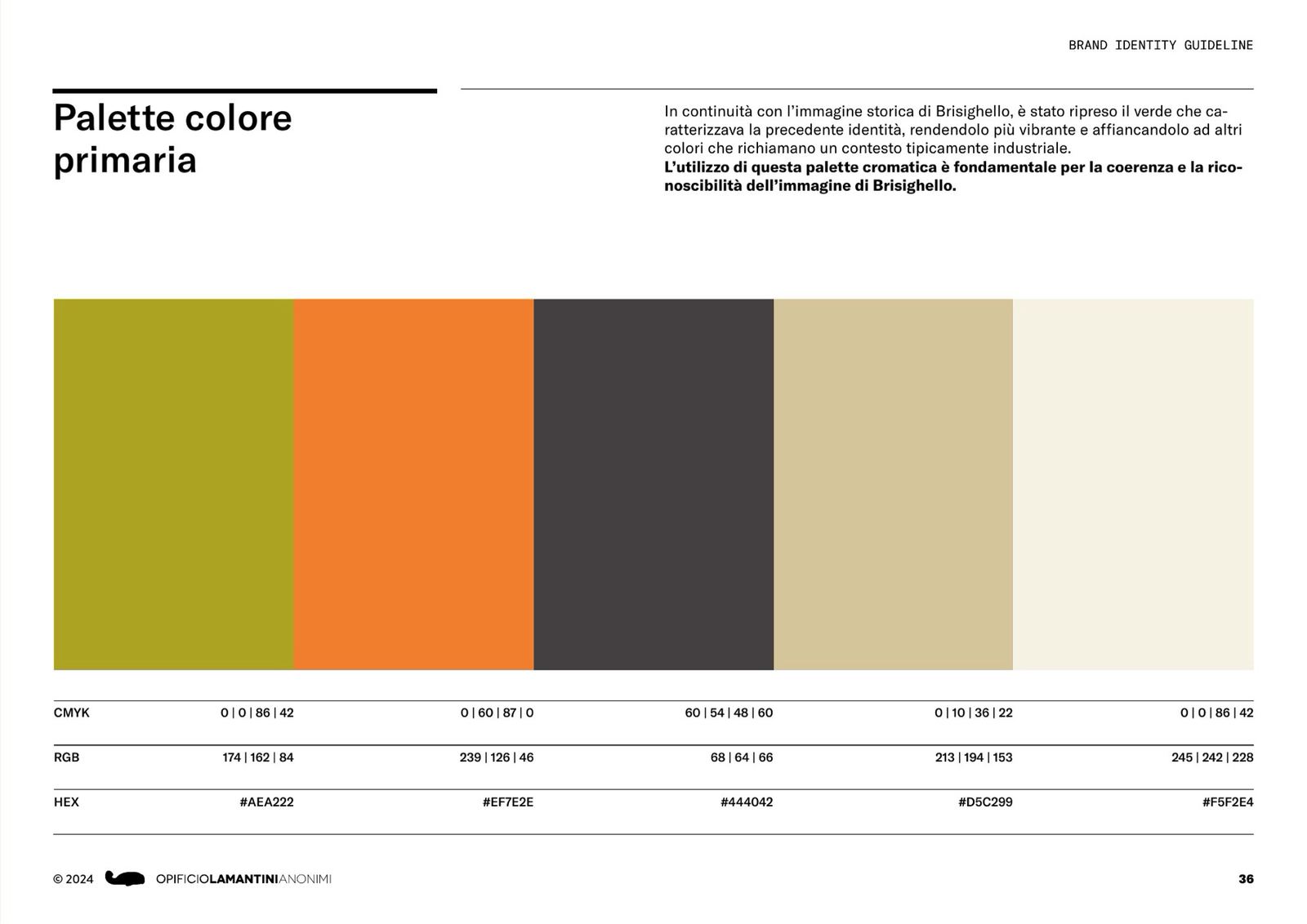 Pagina del brand book con la palette colore primaria di Brisighello
