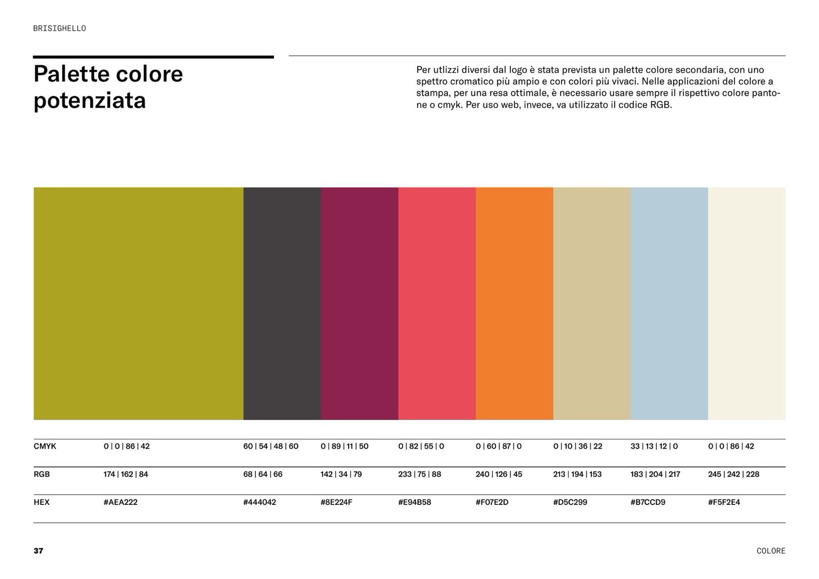 Pagina del brand book con la palette colore potenziata