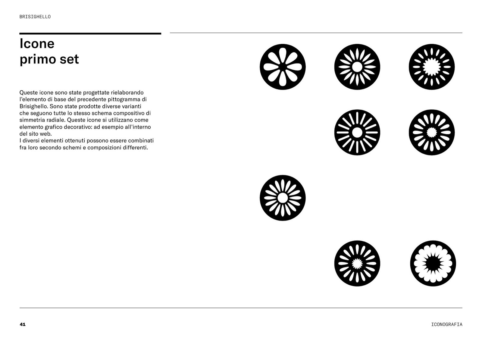 Pagina del brand book con il primo set di icone a simmetria radiale