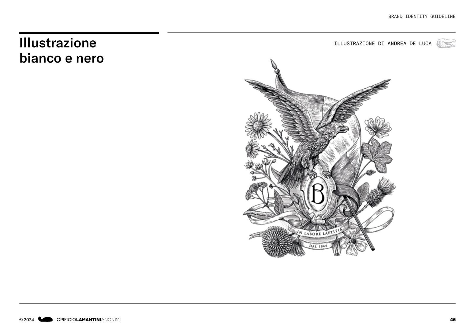 Pagina del brand book con l’illustrazione in bianco e nero
