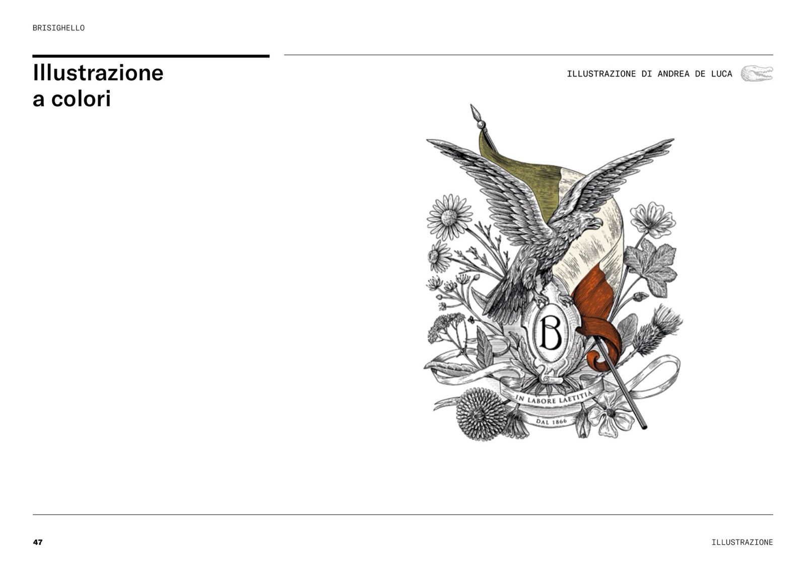 Pagina del brand book con l’illustrazione a colori