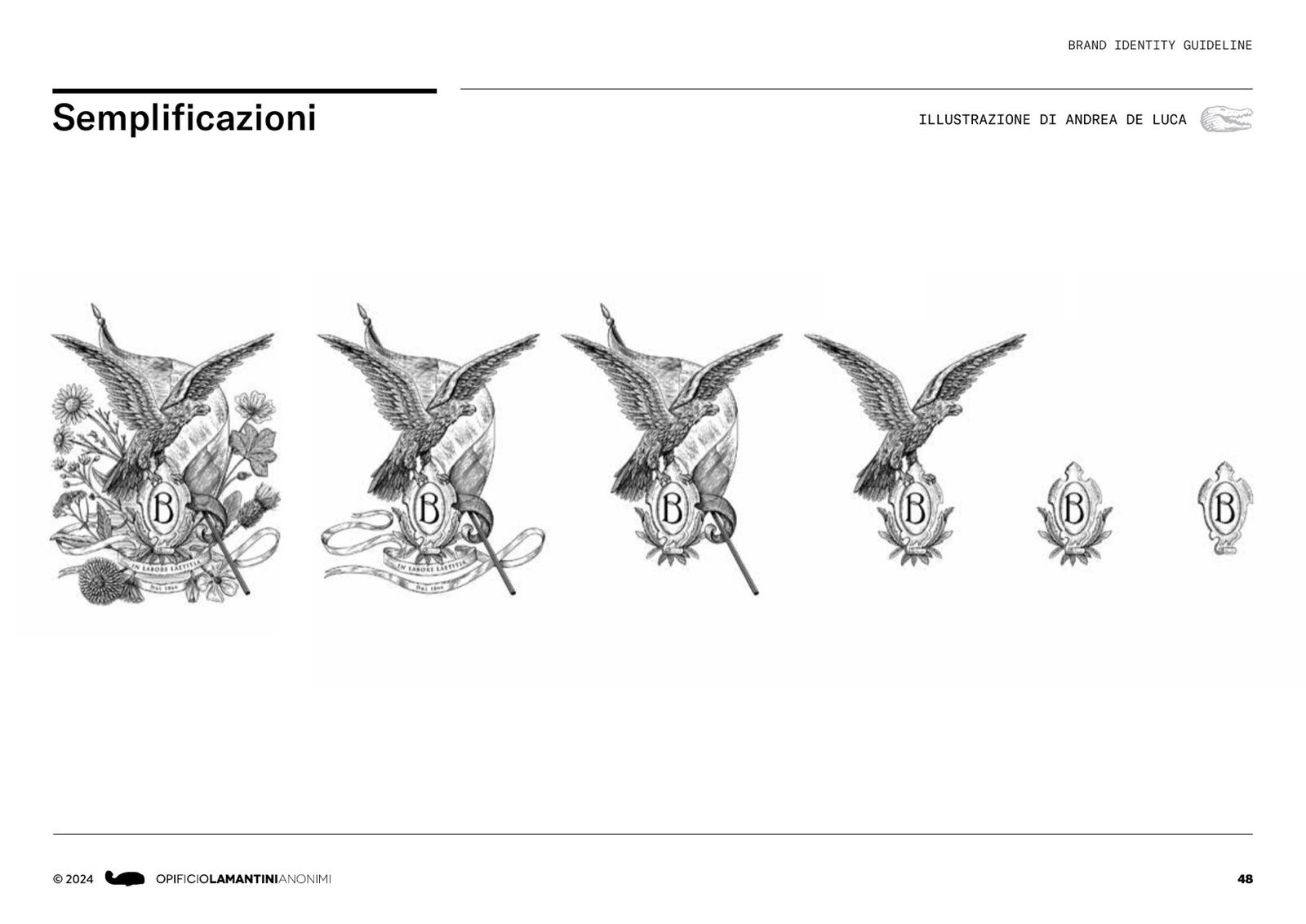 Pagina del brand book con le semplificazioni progressive dell’illustrazione