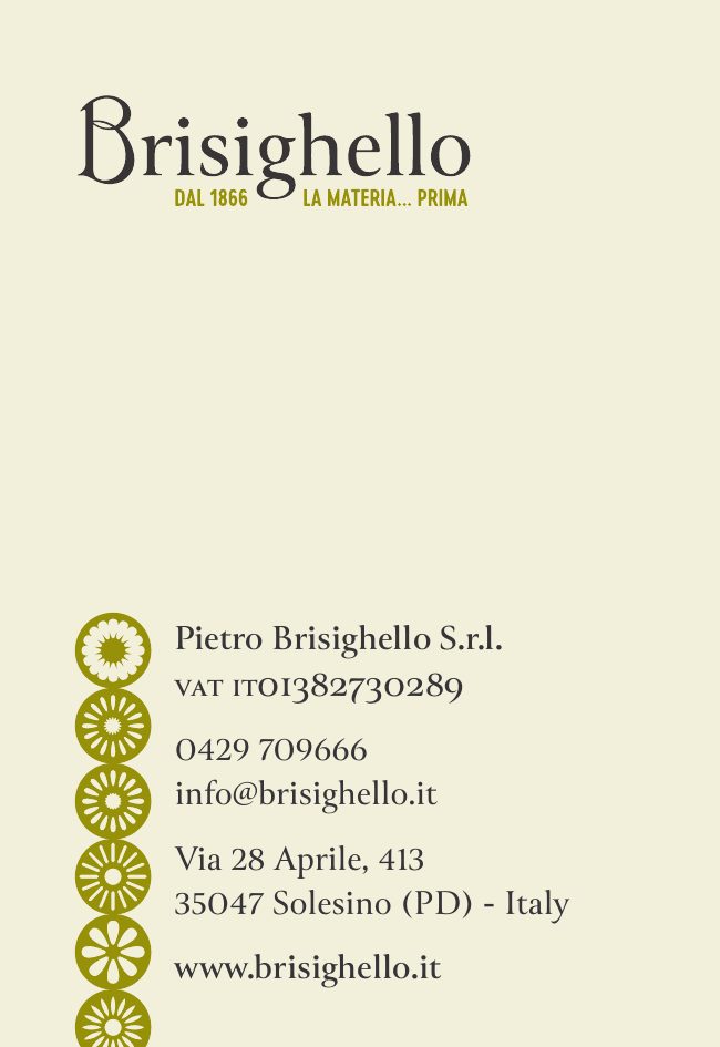 Biglietto da visita Brisighello, retro con il logo e i recapiti dell’azienda
