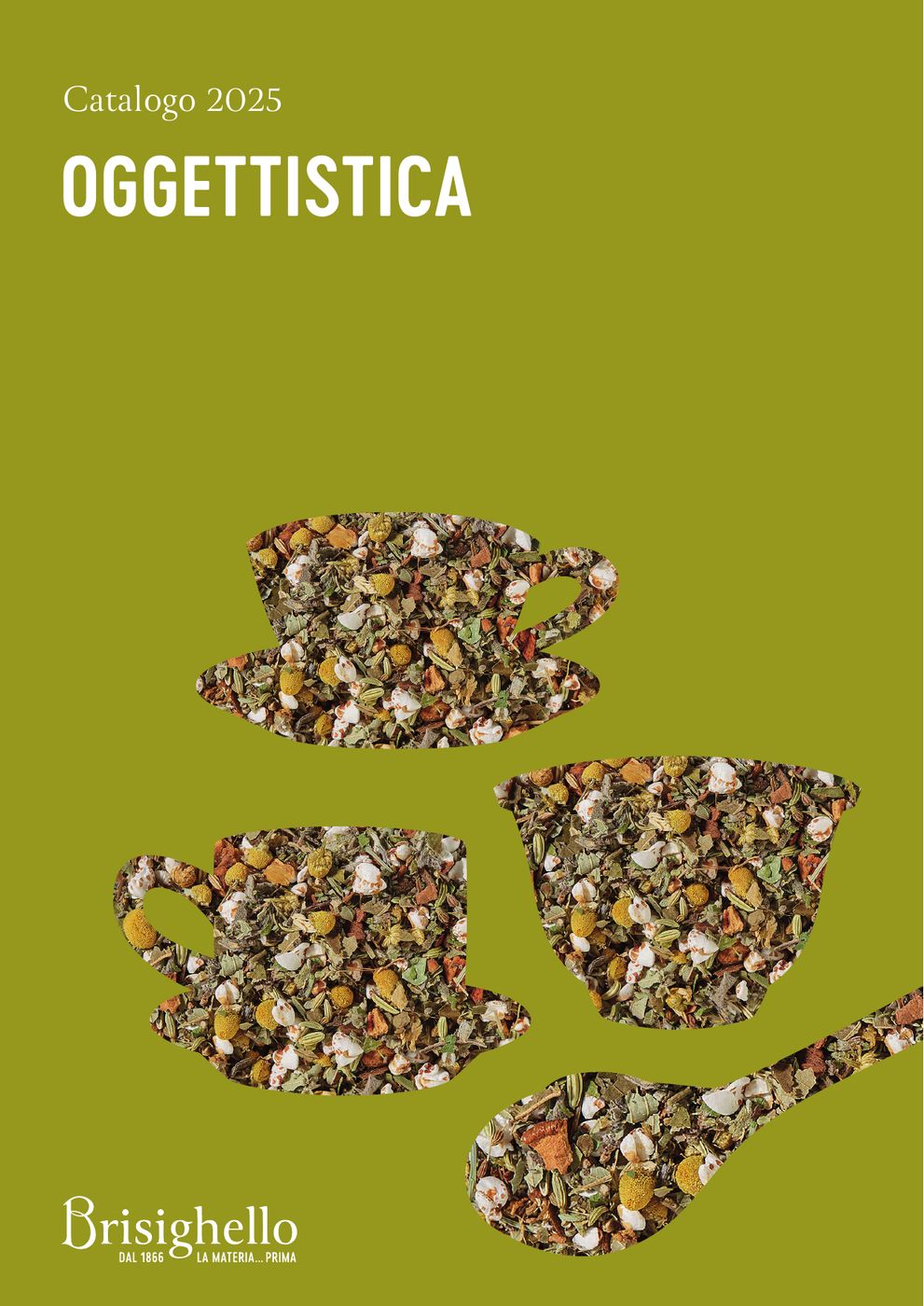Copertina del catalogo Oggettistica 2025: tazze composte da erbe