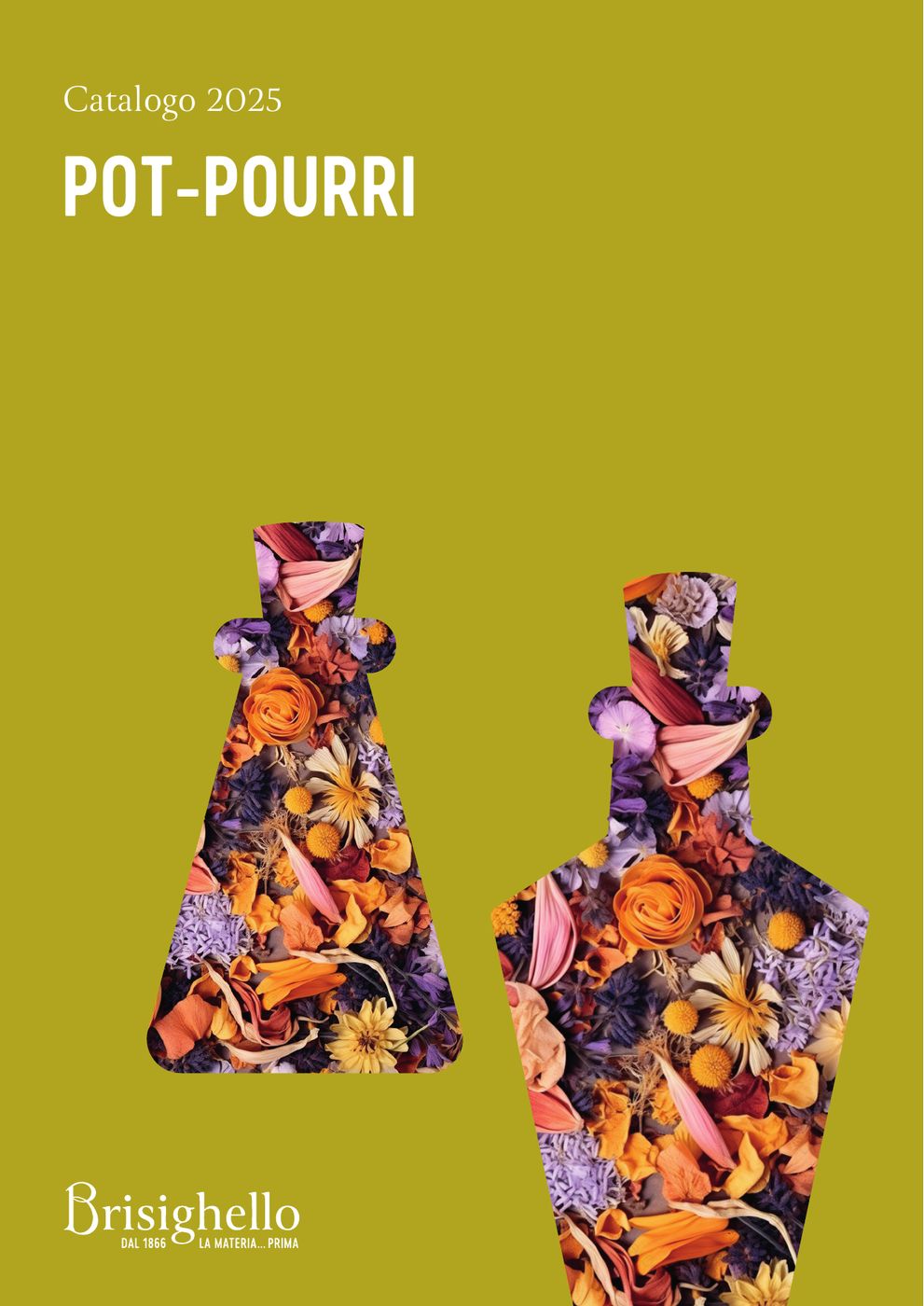 Copertina del catalogo Pot-pourri 2025: due forme composte da fiori essiccati
