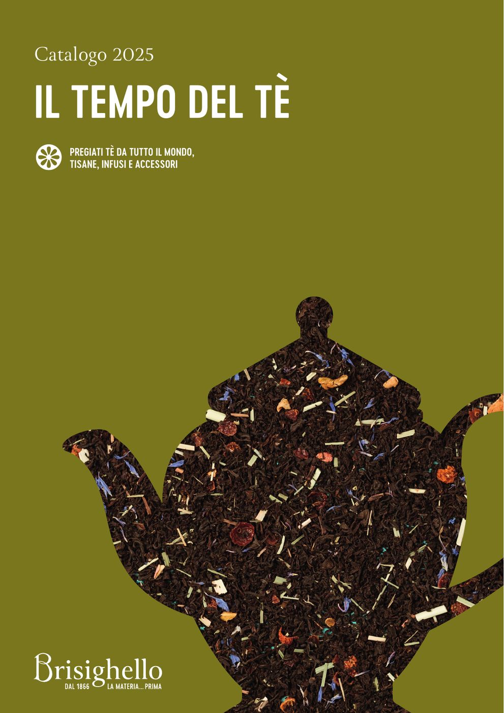 Copertina del catalogo Il tempo del tè 2025: una teiera composta da foglie di tè