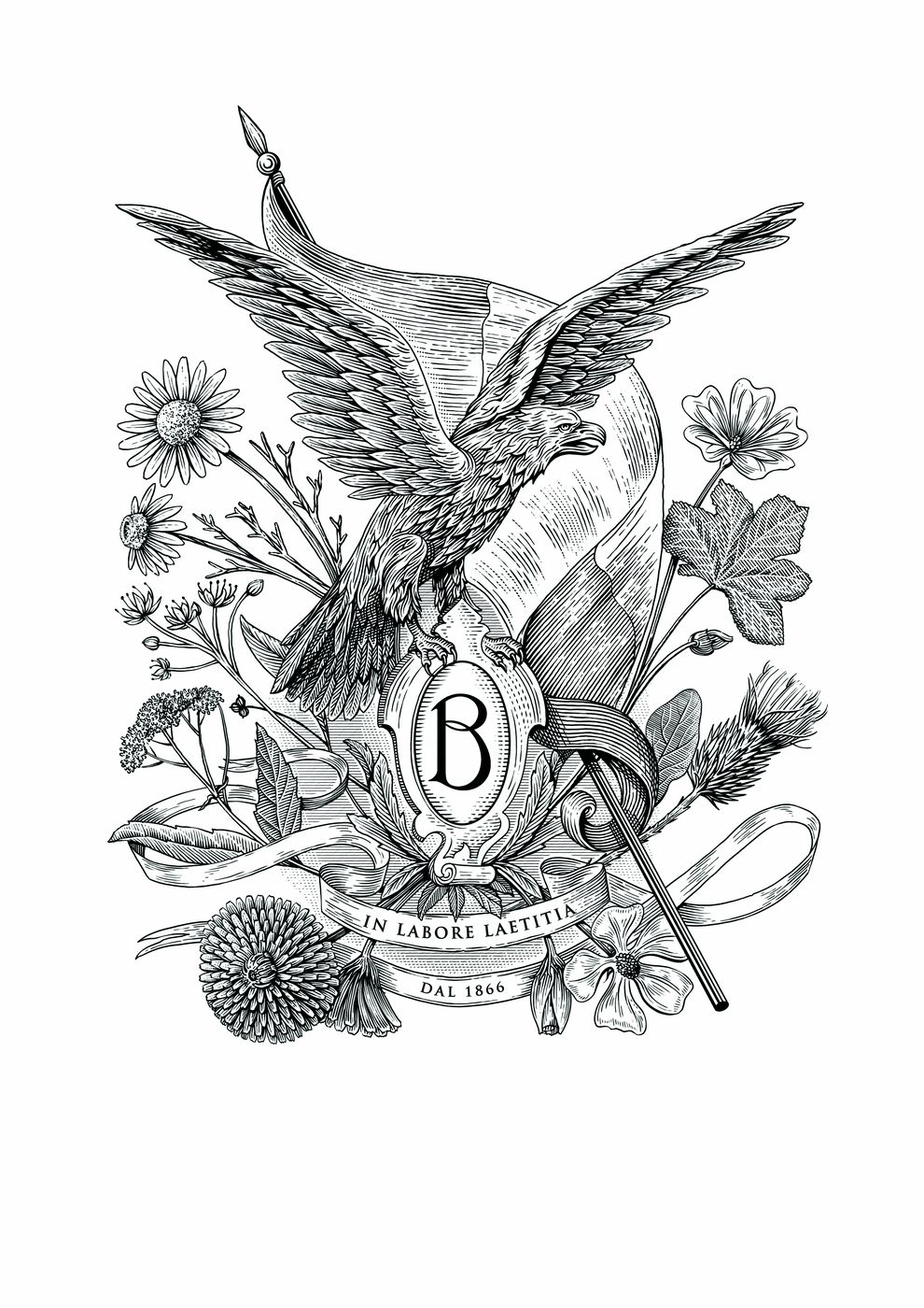 L’illustrazione completa di Brisighello: l’aquila con il monogramma B, le piante officinali e il nastro In labore laetitia, dal 1866
