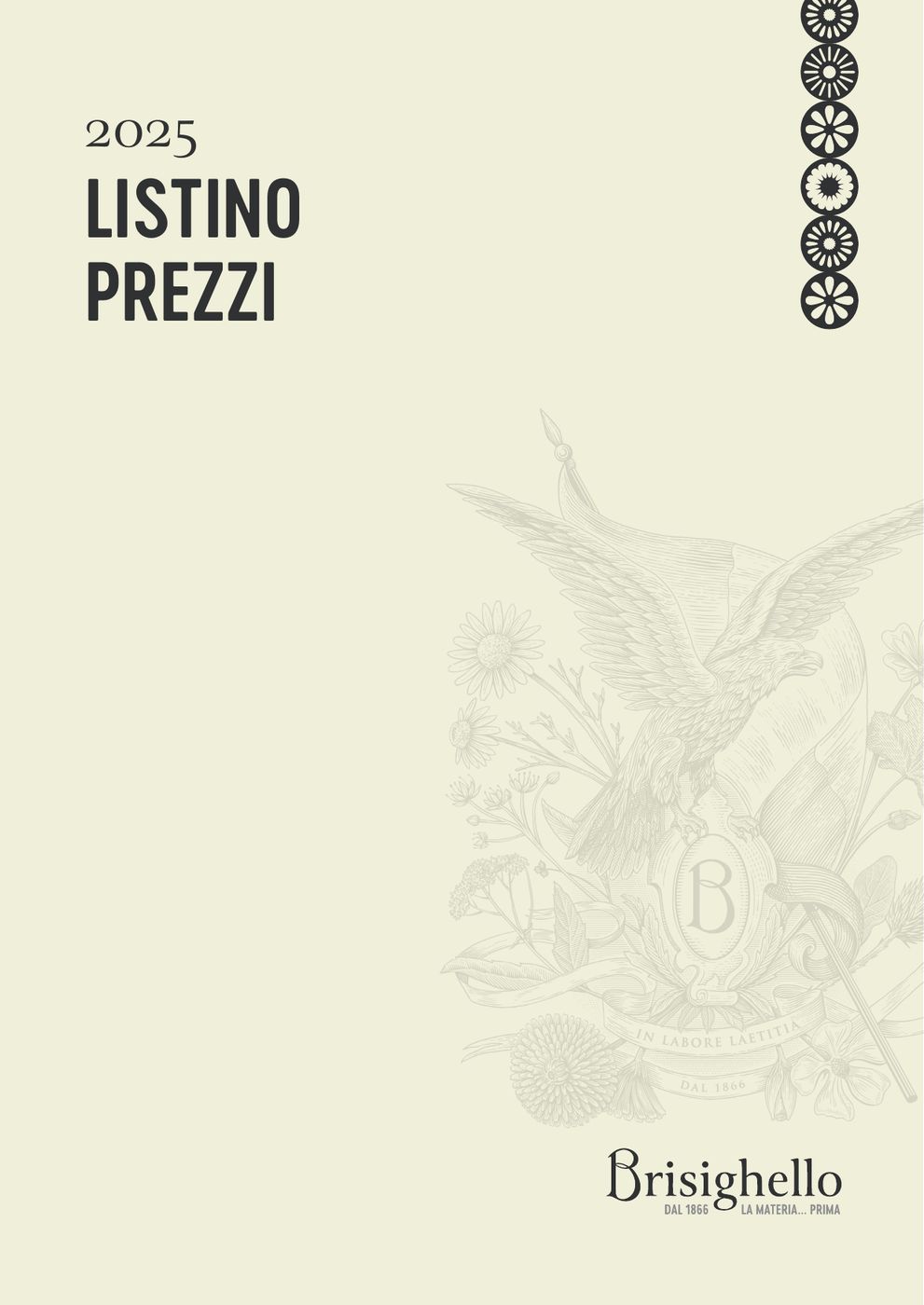 Copertina del listino prezzi 2025, con l’illustrazione in filigrana