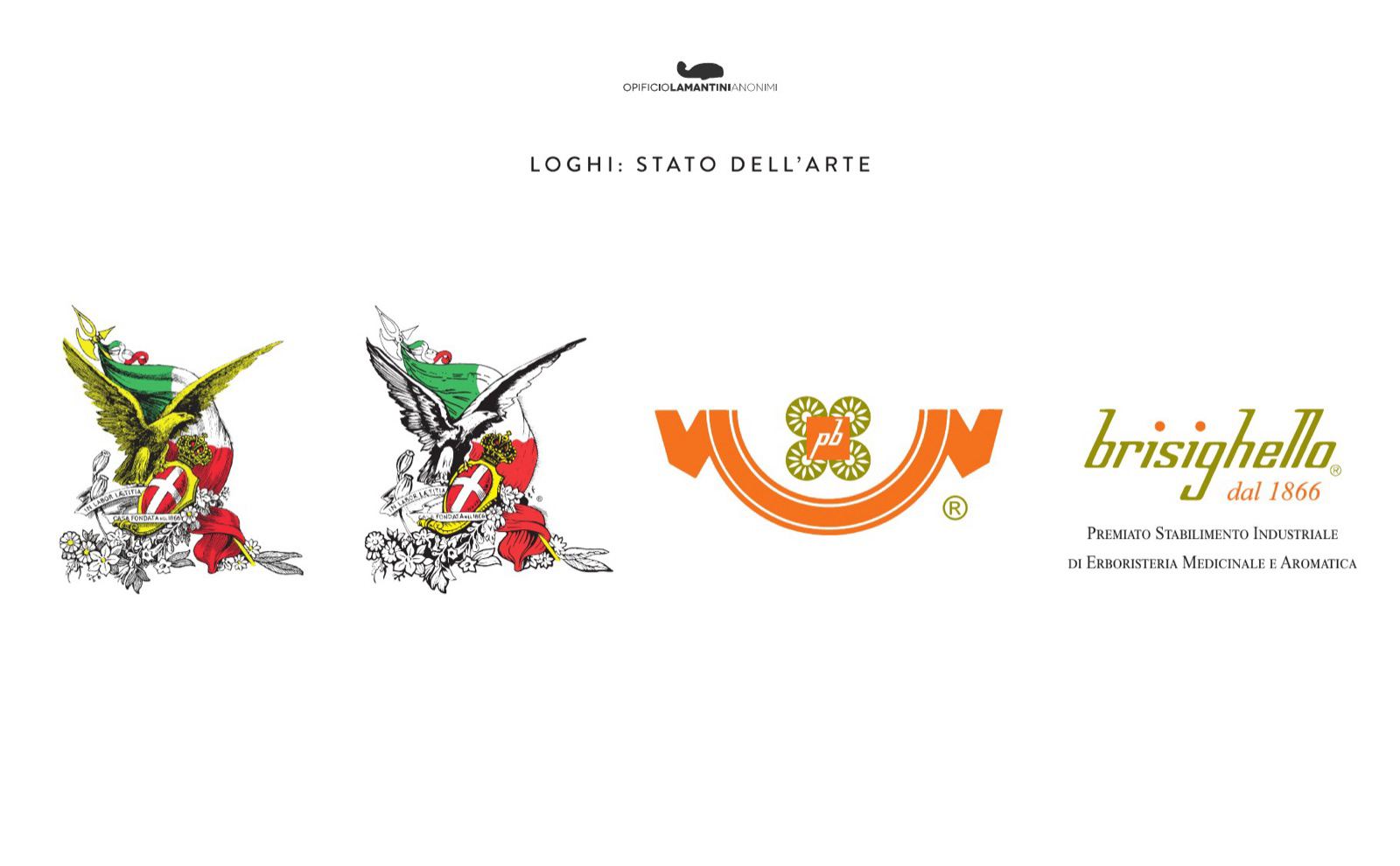 Slide con i marchi Brisighello in uso prima del rebranding: due illustrazioni, un pittogramma arancione e un logotipo
